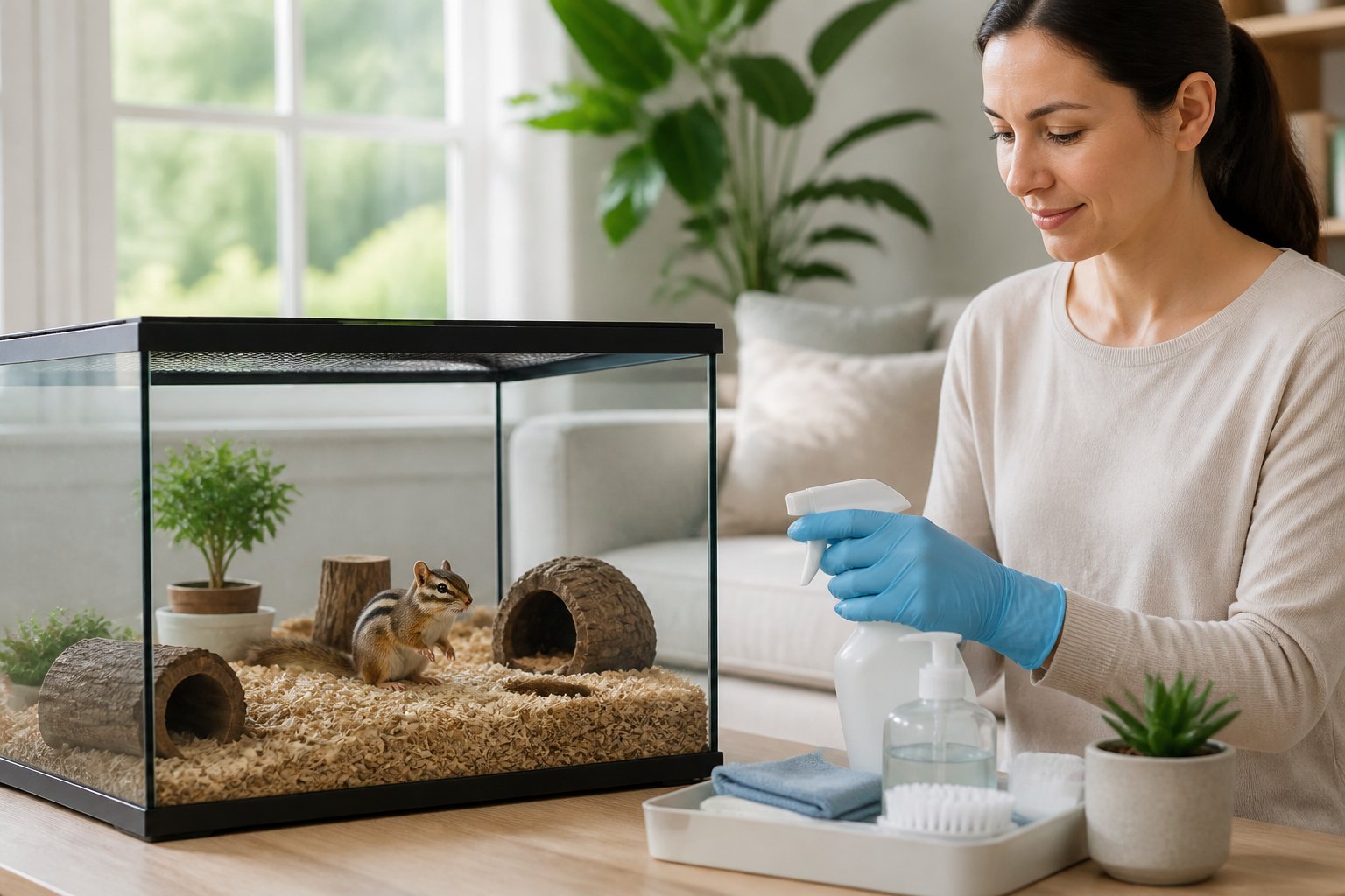 A living room with a small glass enclosure housing a chipmunk, a person wearing gloves handling cleaning supplies nearby, and green plants by a sunlit window.