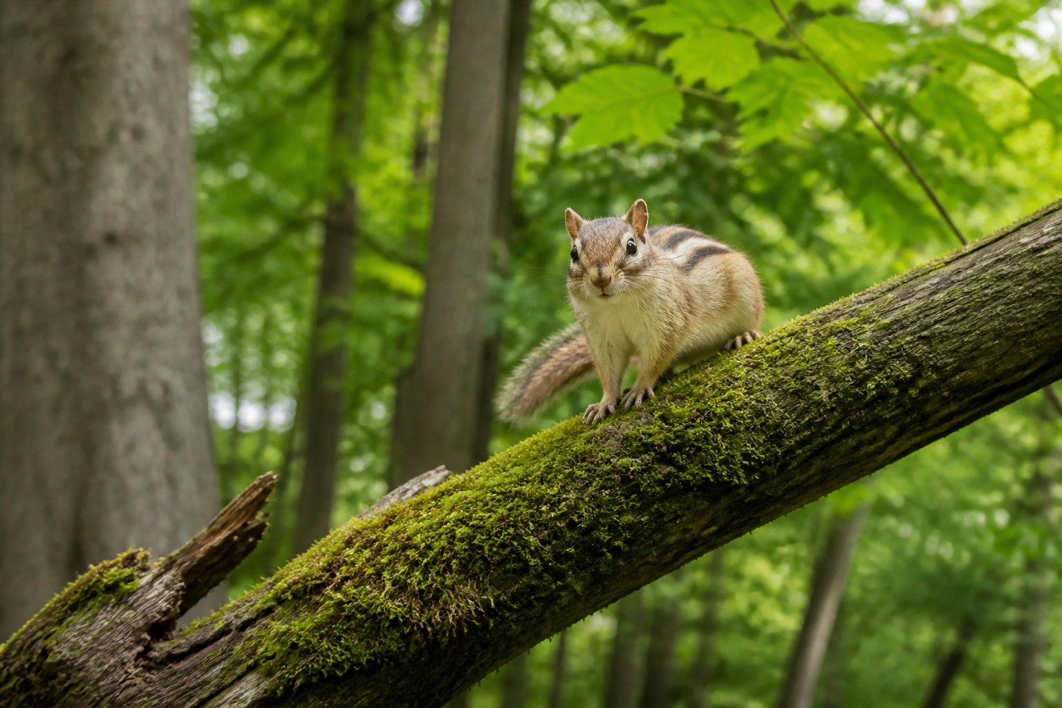 A small chipmunk sitting on a mossy tree branch in a green British woodland.
