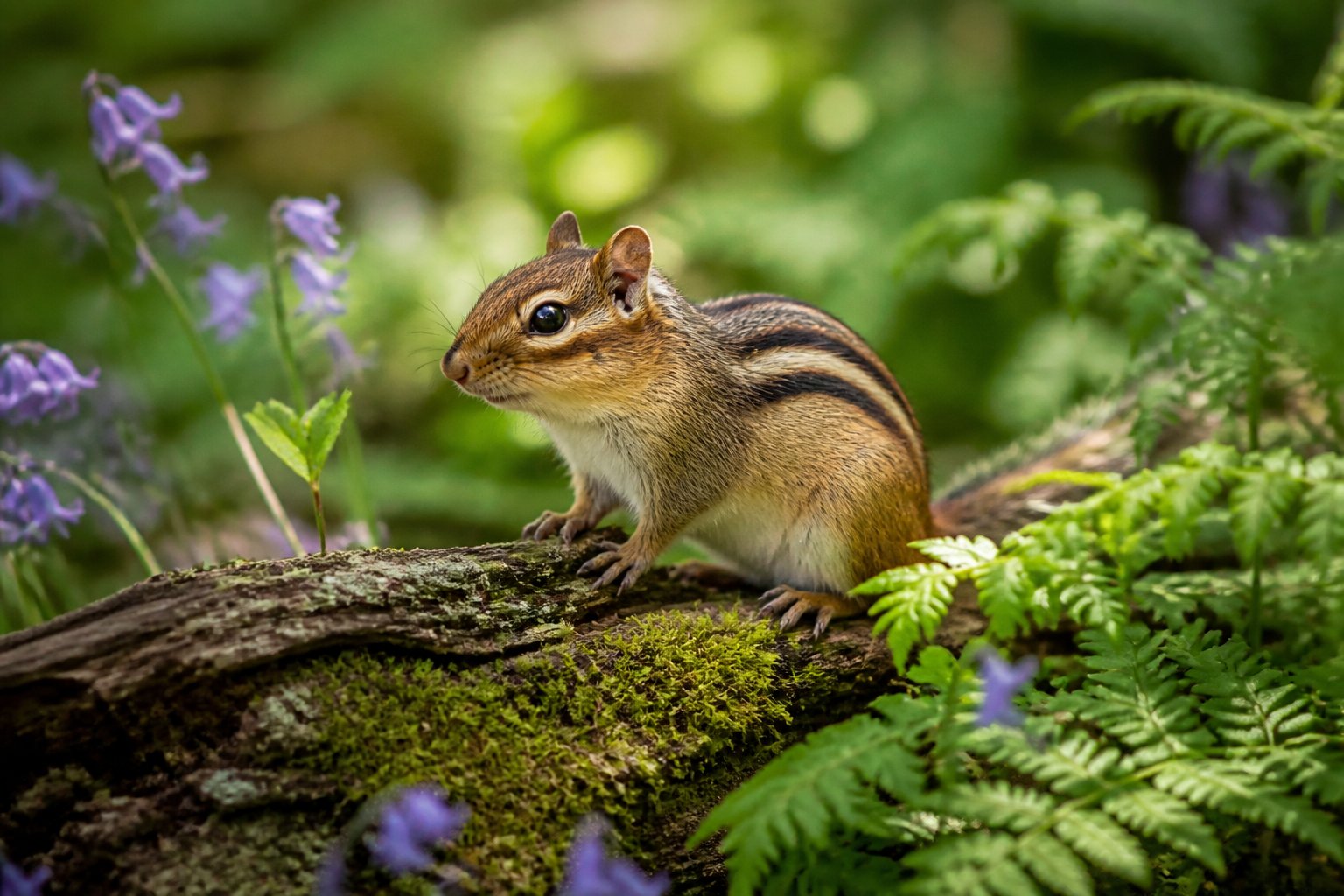 A chipmunk sitting on a log in a green woodland with trees and plants around.