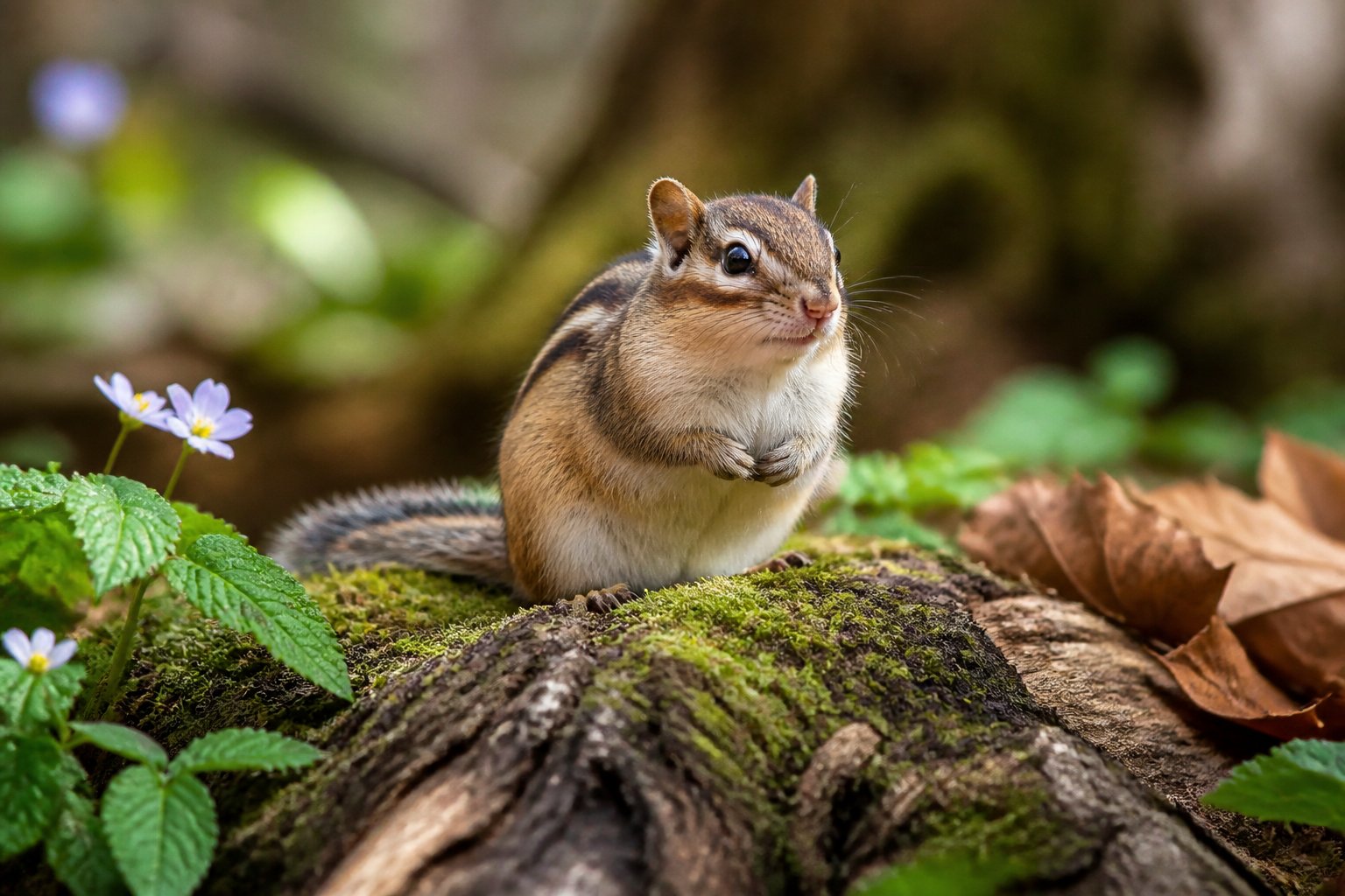 A chipmunk sitting on a mossy log in a green woodland area with leaves and plants around.