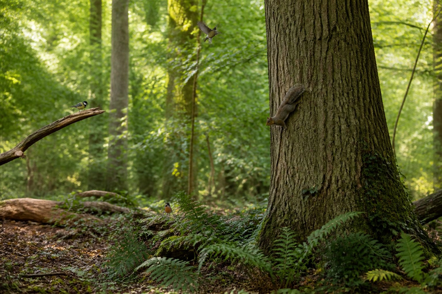 A peaceful UK woodland scene with squirrels and small birds among green trees and leafy forest floor.