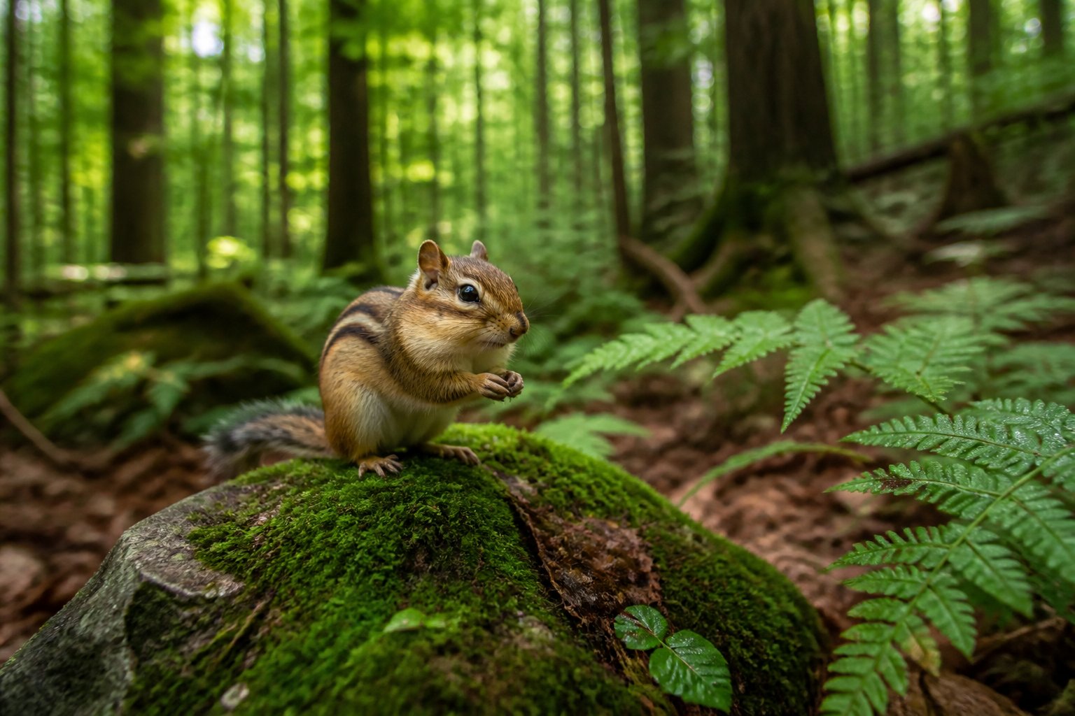A chipmunk sitting on a mossy rock in a green forest with sunlight filtering through the trees.
