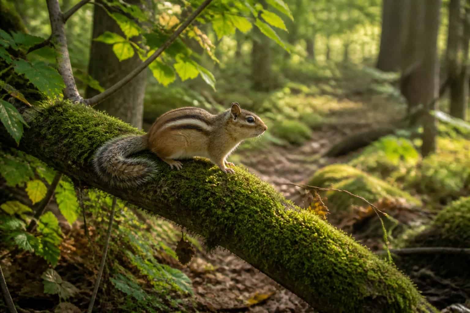 A chipmunk sitting on a mossy tree branch in a green forest with sunlight filtering through the leaves.