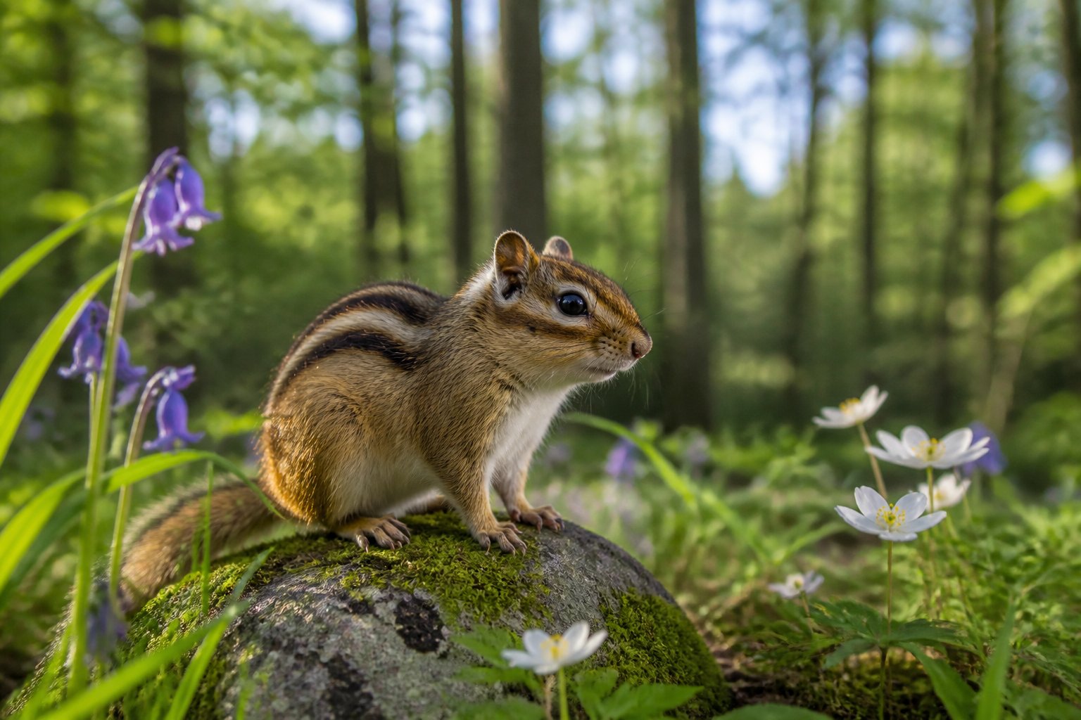 A chipmunk sitting on a mossy rock in a green English woodland with trees and wildflowers in the background.