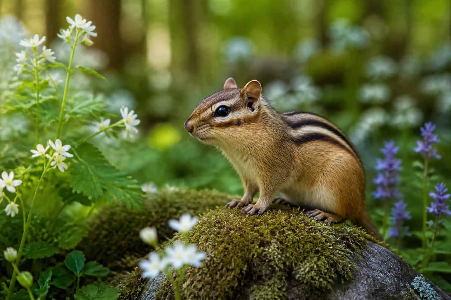 A chipmunk sitting on a mossy rock surrounded by green plants and wildflowers in a forest.
