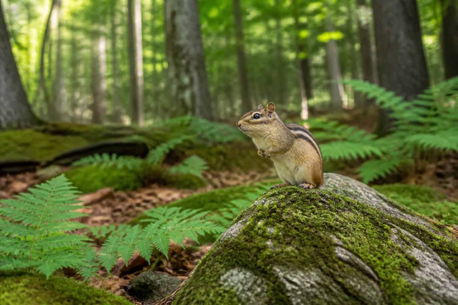A chipmunk sitting on a mossy rock in a green forest with sunlight filtering through the trees.