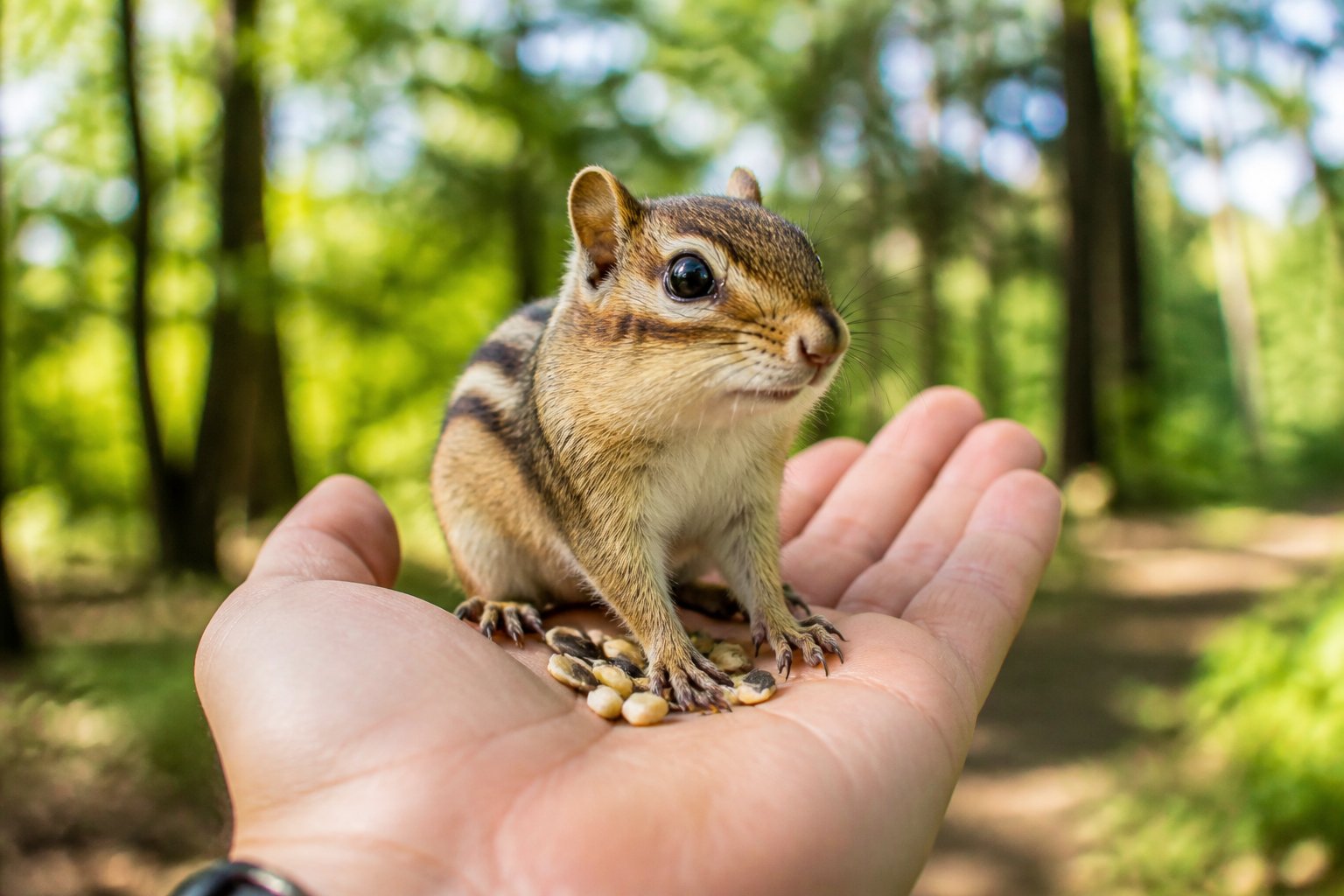 A chipmunk sitting on a person's hand outdoors with greenery in the background.