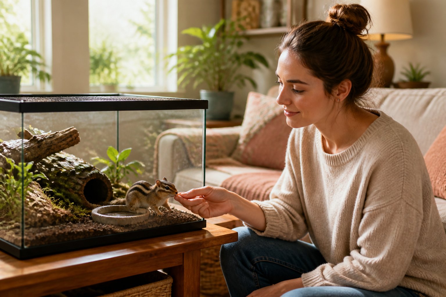 A chipmunk inside a glass enclosure on a table in a bright living room, with a person gently interacting with it.