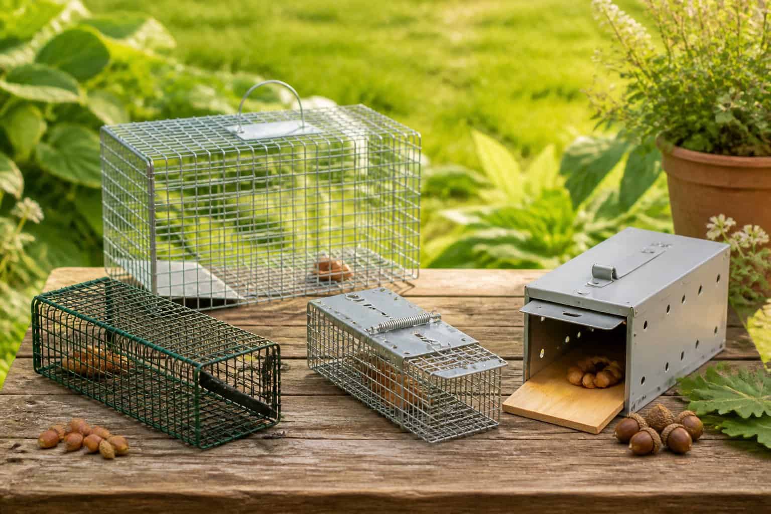 Various humane chipmunk traps displayed on a wooden table outdoors with green plants and grass in the background.