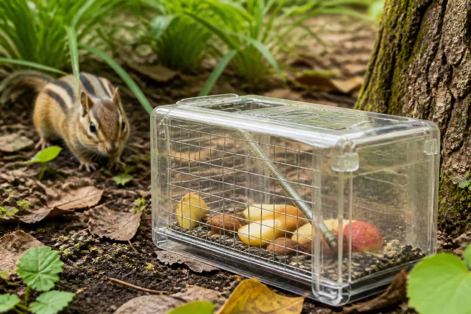 A chipmunk cautiously approaches a small live animal trap baited with seeds and nuts in a garden setting.