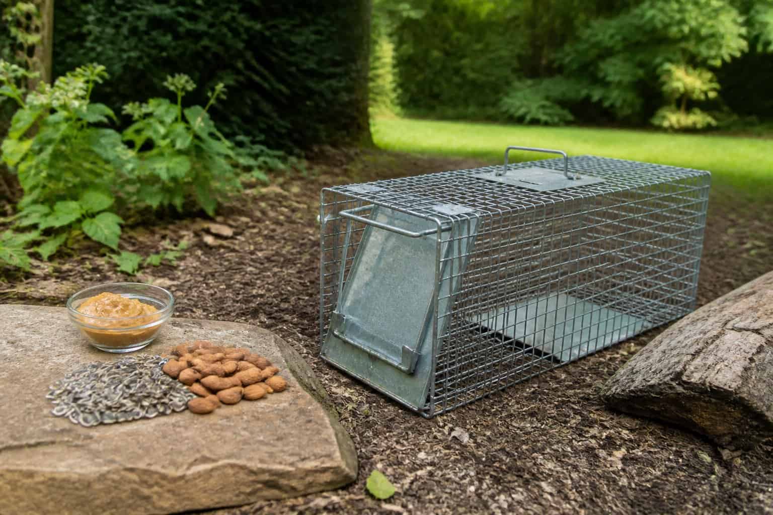 A humane live chipmunk trap set up outdoors on grass with bait nearby in a garden setting.