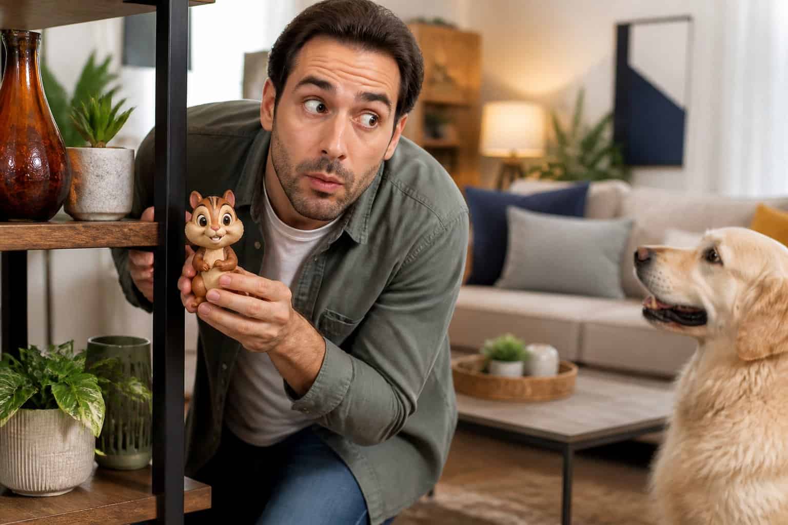 A person holding a small chipmunk toy with a surprised expression in a cozy living room while another person or pet watches.