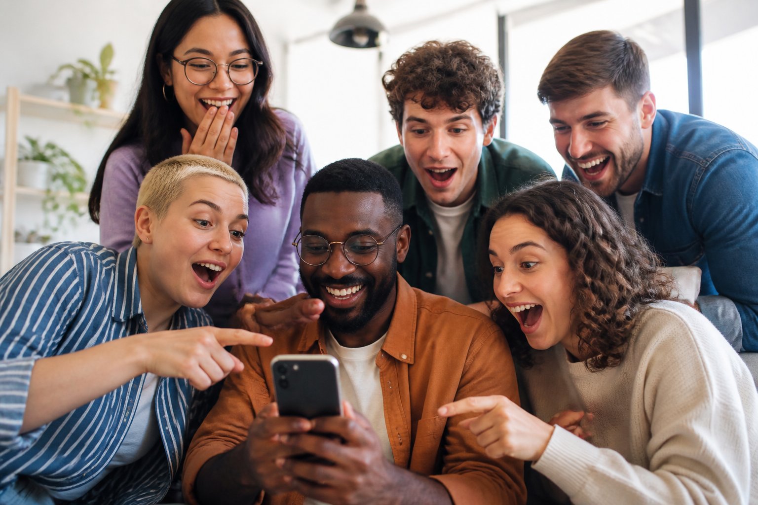 A group of people gathered around a screen, smiling and reacting together in a bright indoor setting.