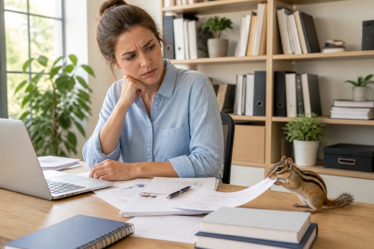 A young woman at a desk looks curiously at a chipmunk perched on the edge of the desk in a bright office.