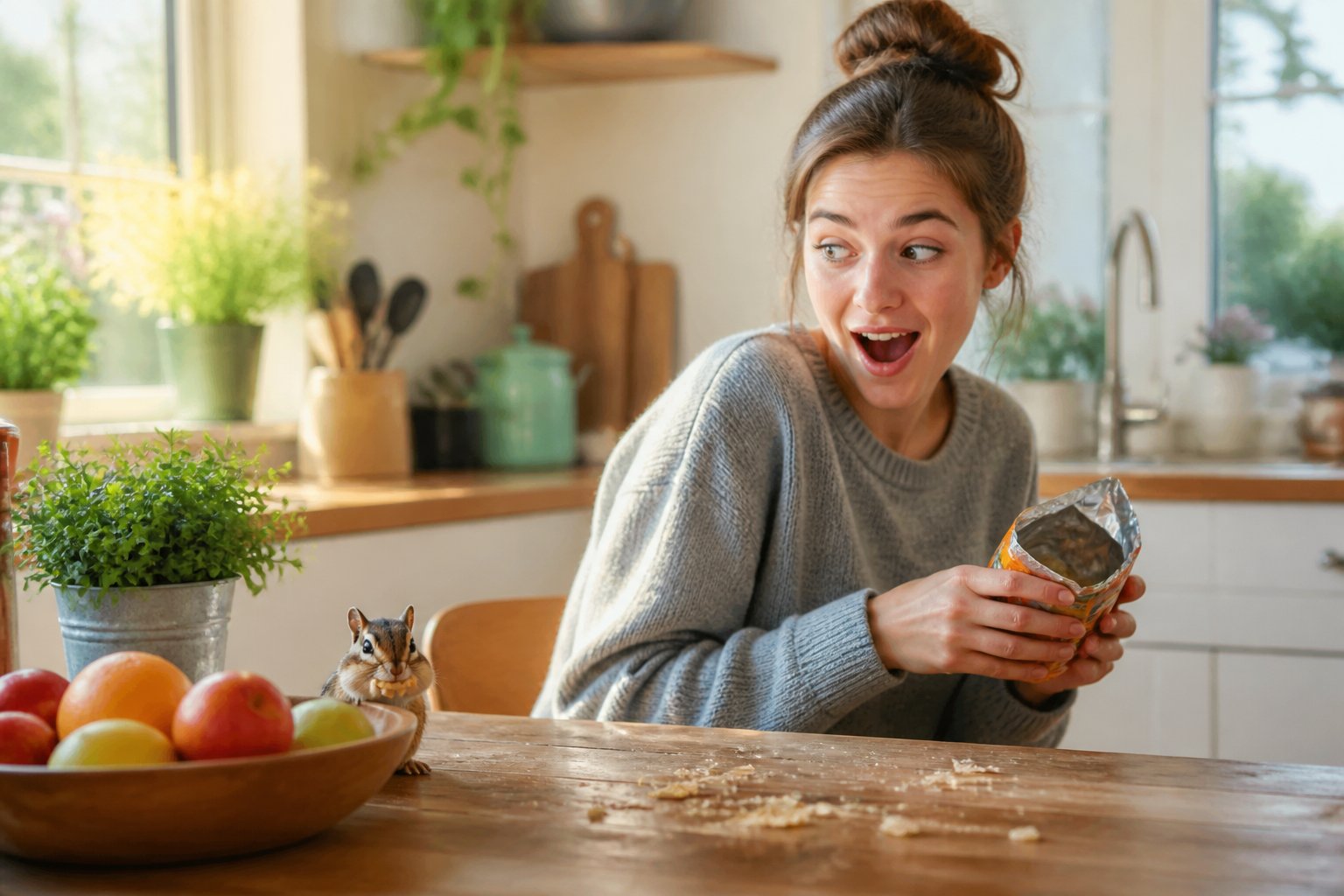A young woman at a kitchen table looks surprised while a chipmunk peeks out from behind a fruit bowl on the table.