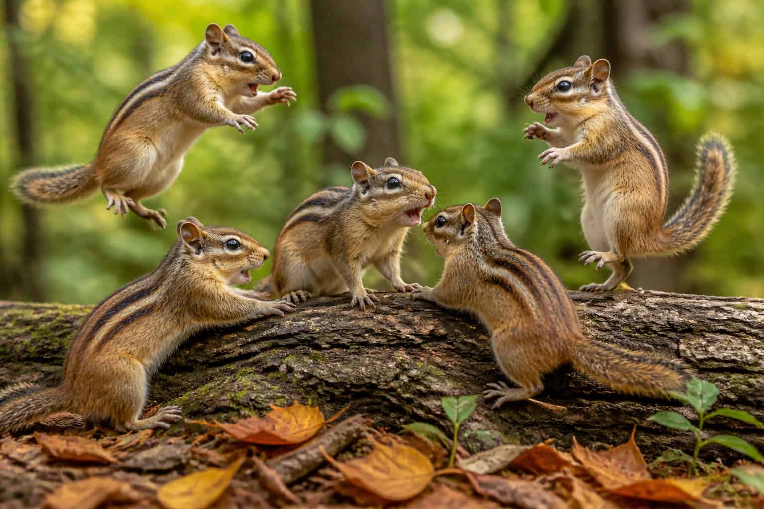 Several chipmunks playfully interacting in a green forest with bright natural light.
