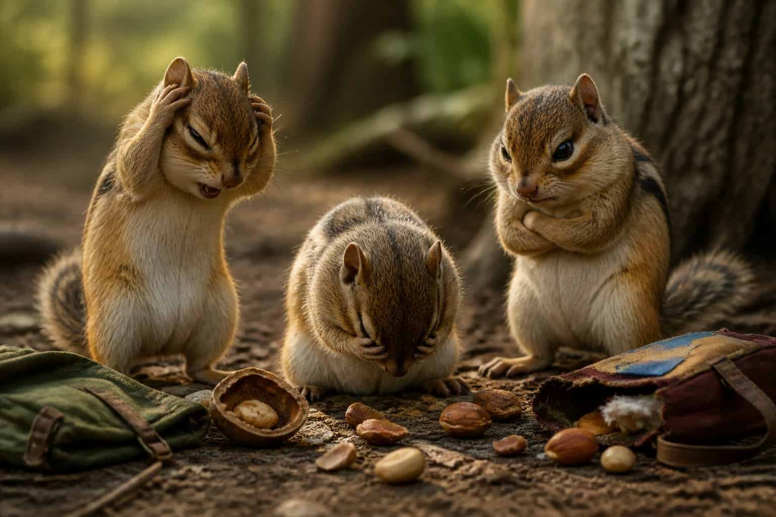 Three chipmunks outdoors looking upset and tired with scattered belongings around them.