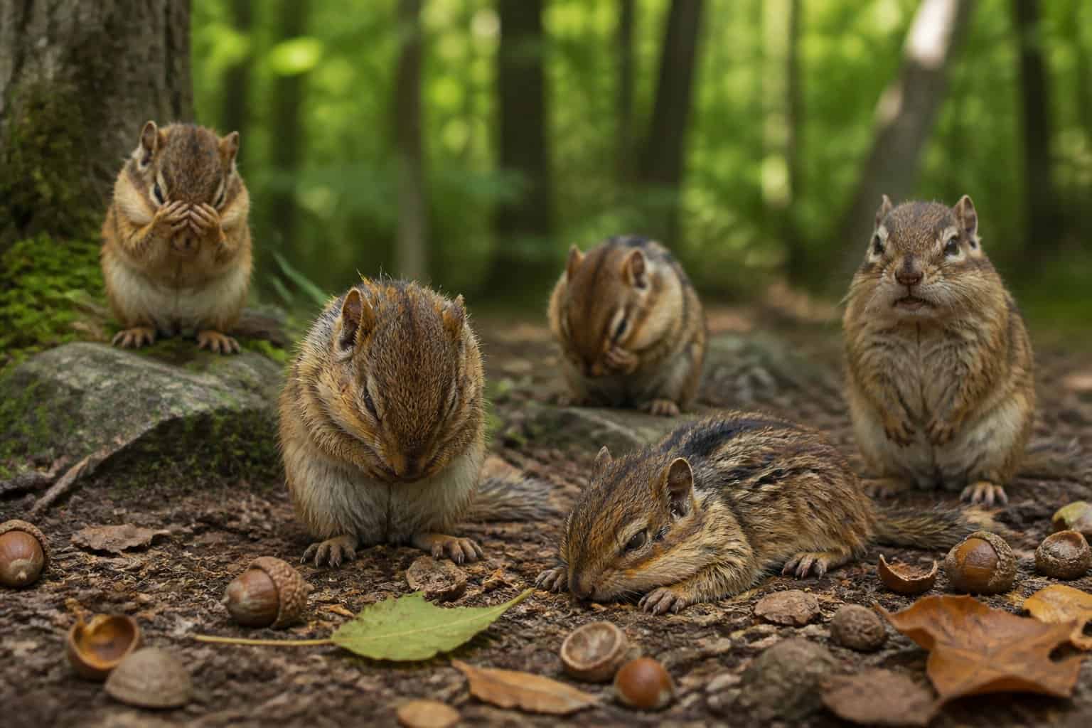 Several chipmunks in a forest looking tired and distressed with scattered acorns around them.