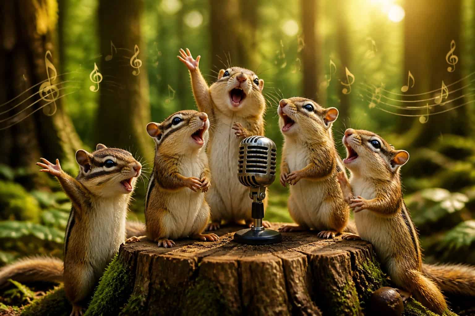 A group of chipmunks singing joyfully together in a sunlit forest surrounded by green trees.
