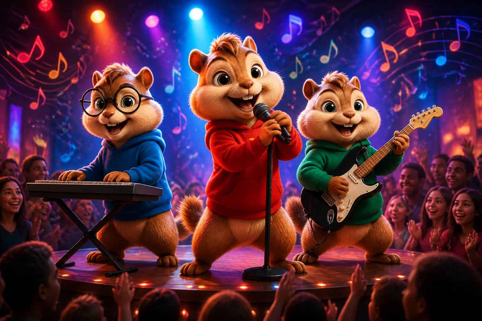 Three animated chipmunks performing energetically on stage with musical instruments and colorful stage lighting, surrounded by an enthusiastic crowd.
