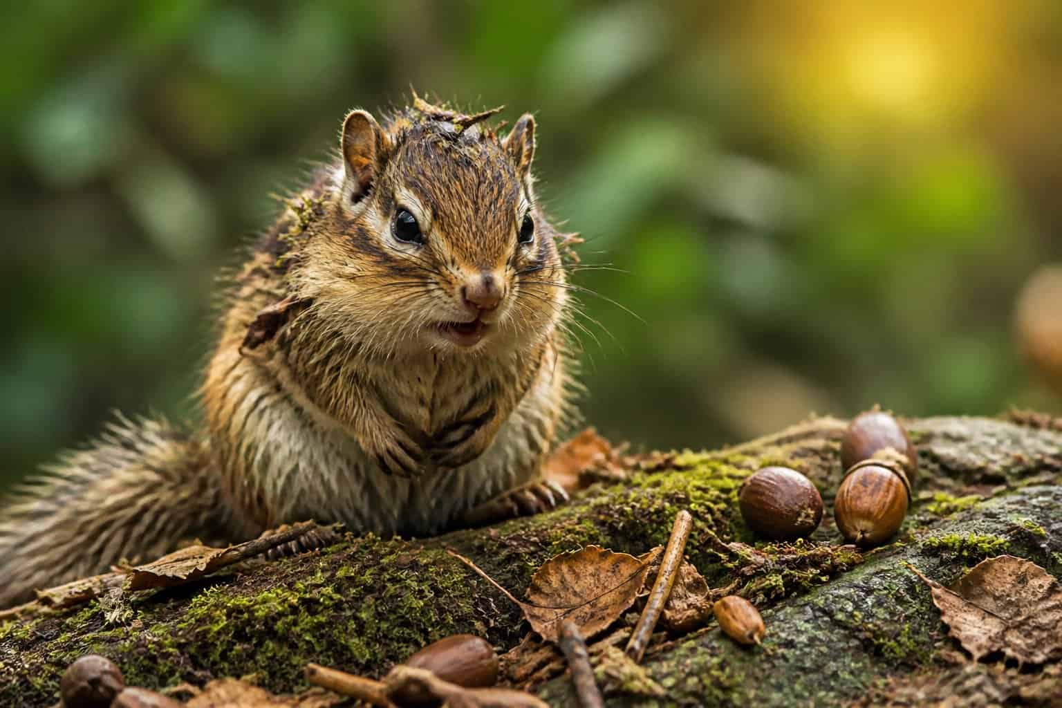 A small chipmunk looking tired and disheveled sitting on a mossy rock in a forest with scattered leaves and acorns around.