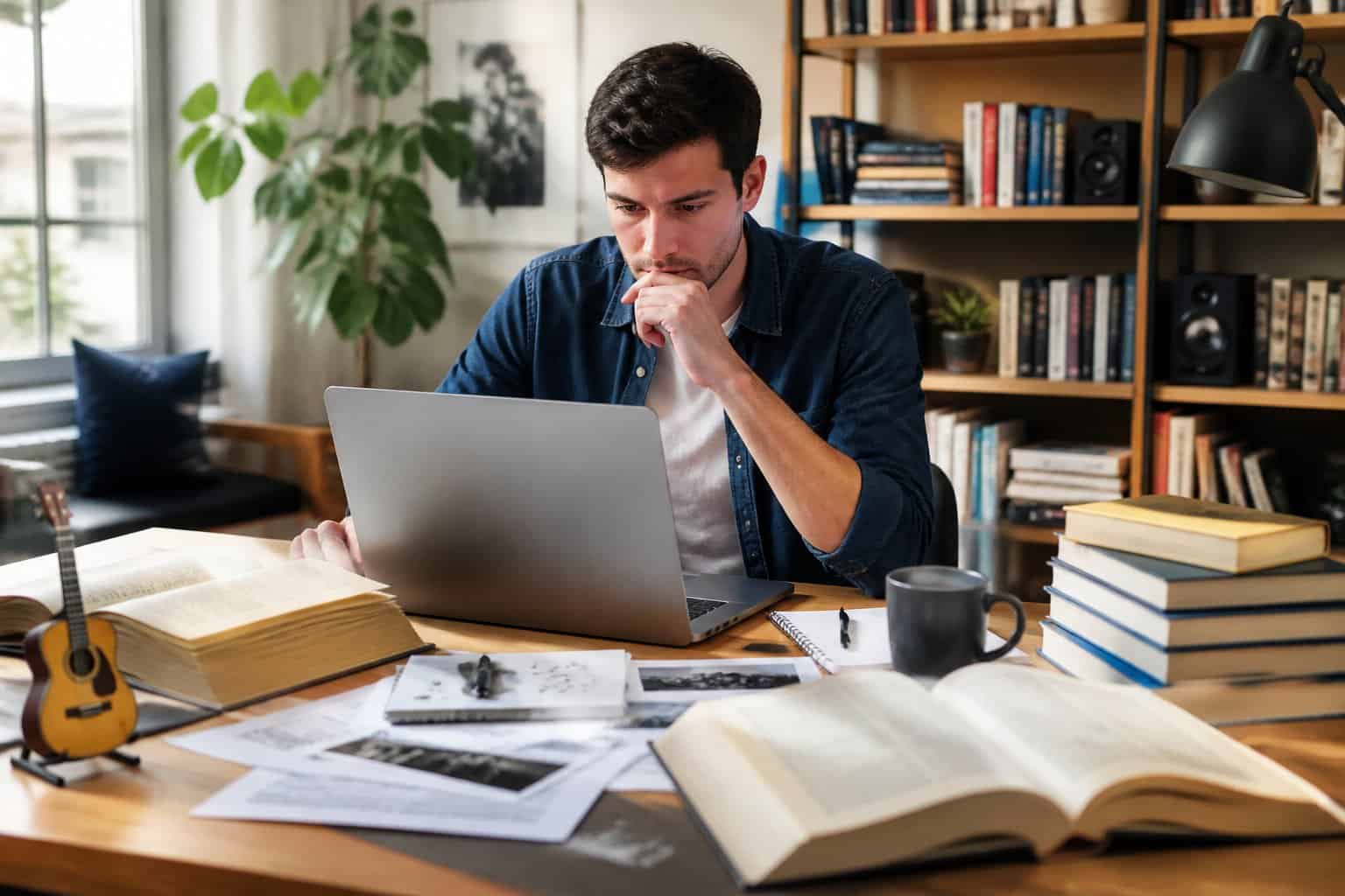 A young adult researching at a desk surrounded by books and a laptop in a bright room.