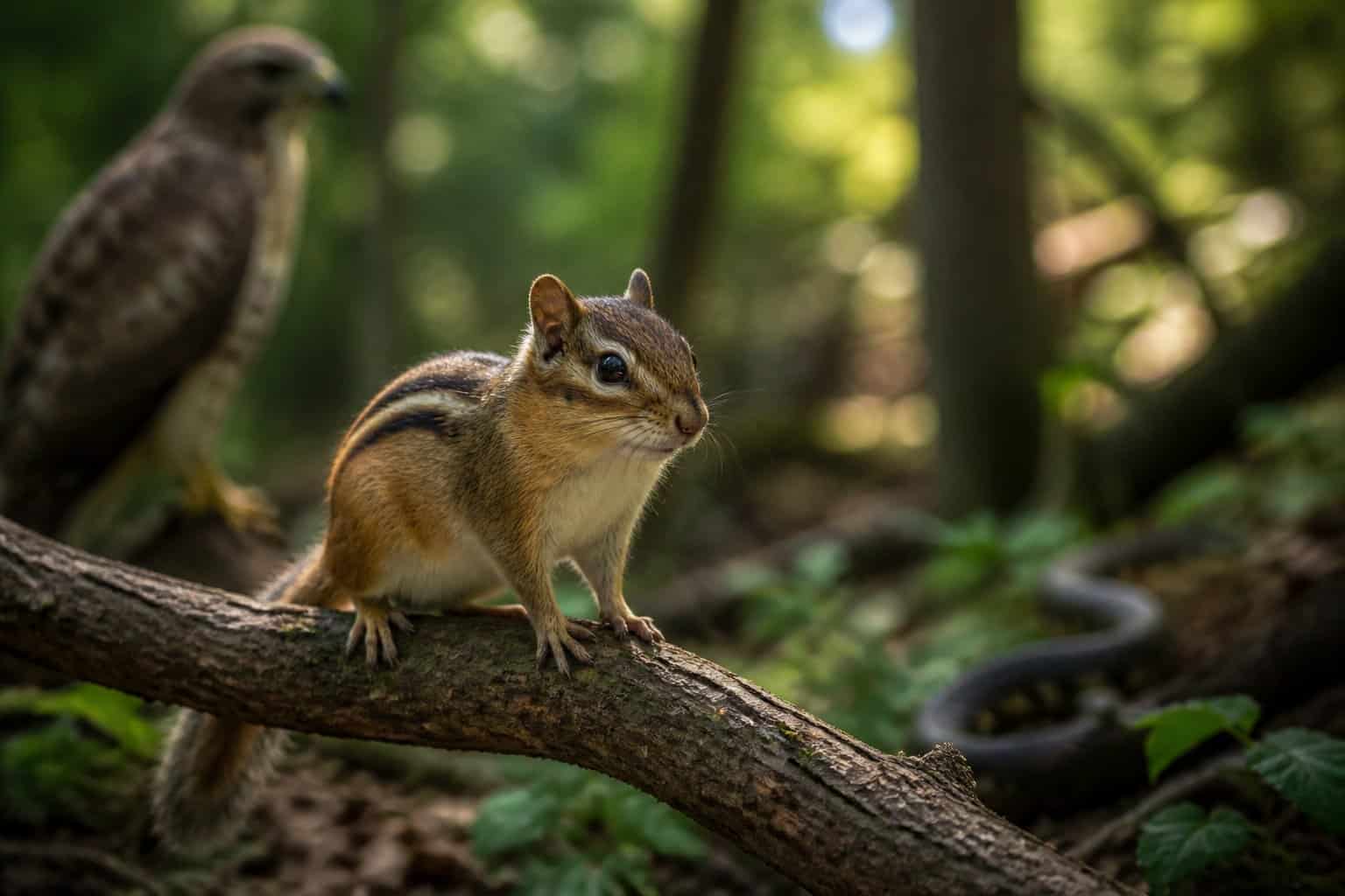A chipmunk sitting on a tree branch in a forest with blurred shapes of larger animals in the background.