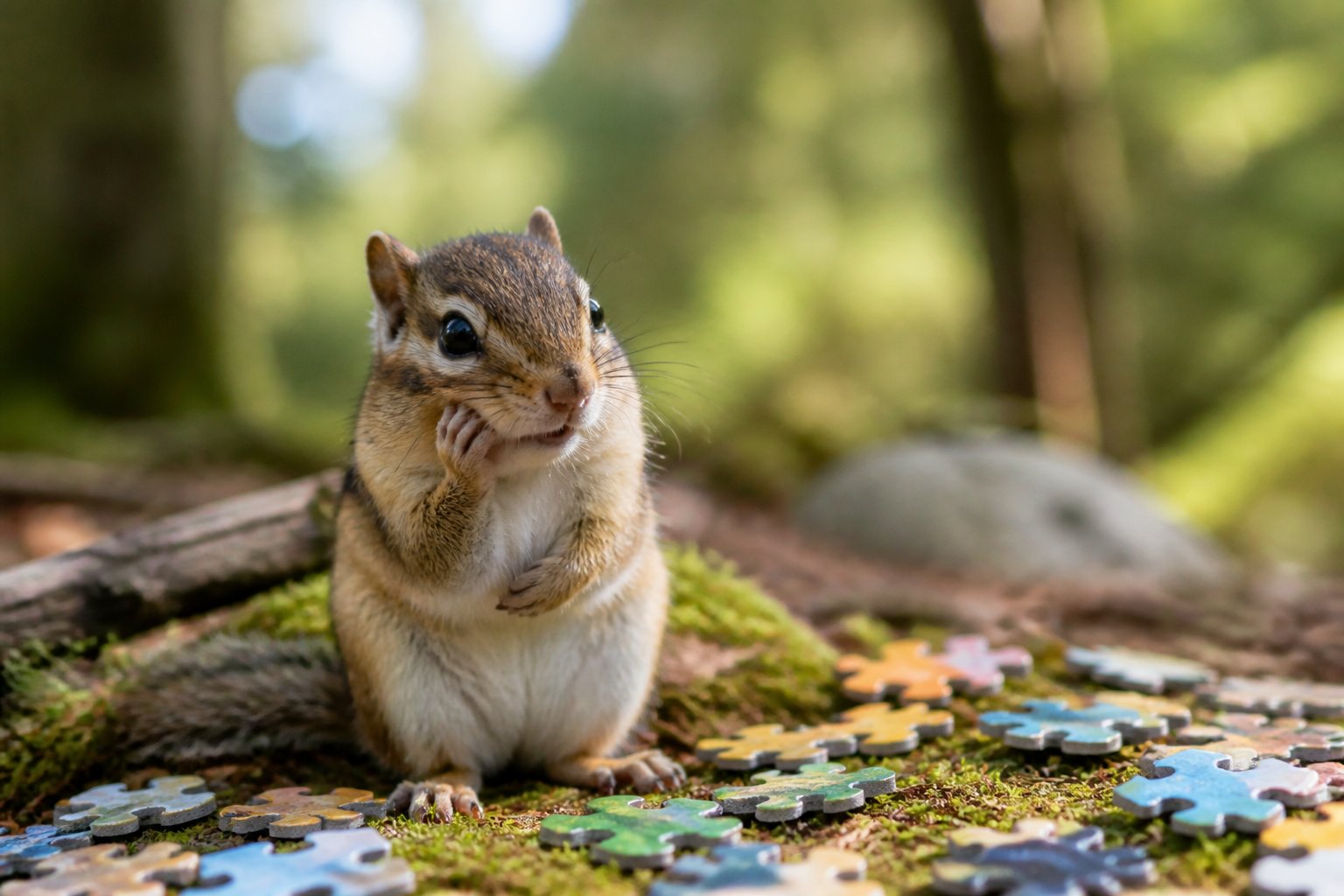 A chipmunk holding its cheek sitting among scattered puzzle pieces on a forest floor.