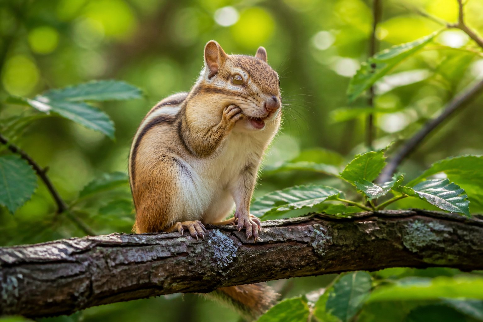 A chipmunk on a tree branch holding its cheek, looking uncomfortable.