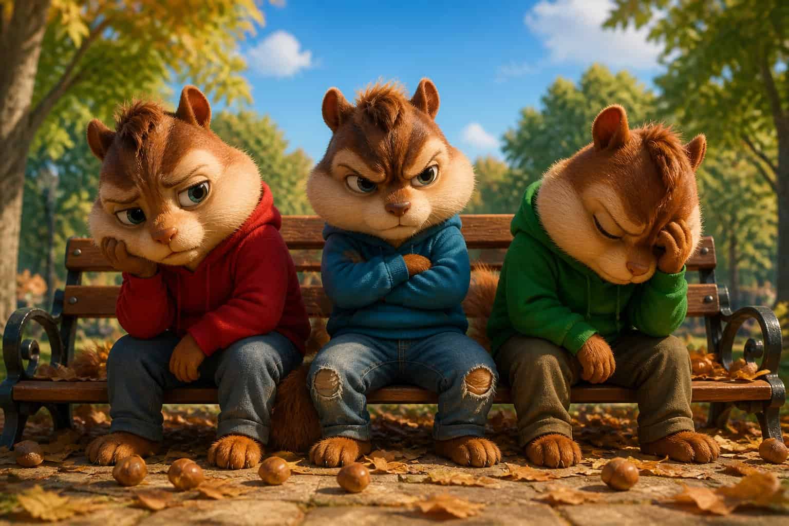 Three chipmunks sitting on a park bench looking frustrated with scattered acorns around them in a sunny park.