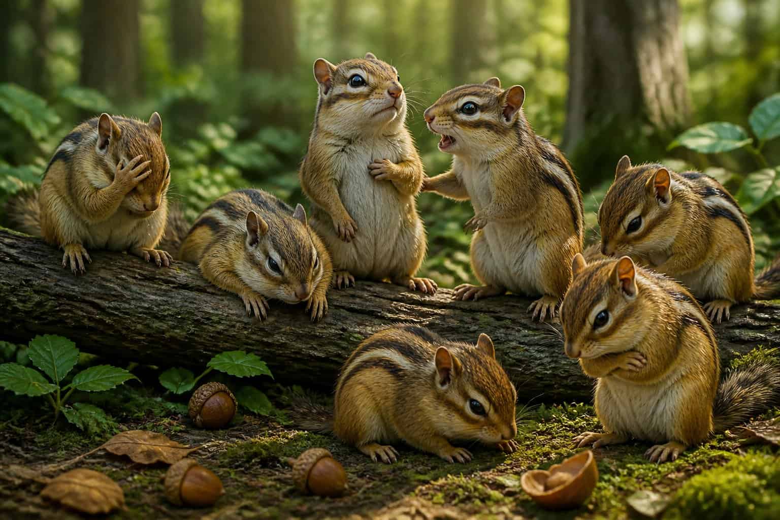 A group of chipmunks gathered in a forest setting, showing tired and determined expressions among trees and foliage.