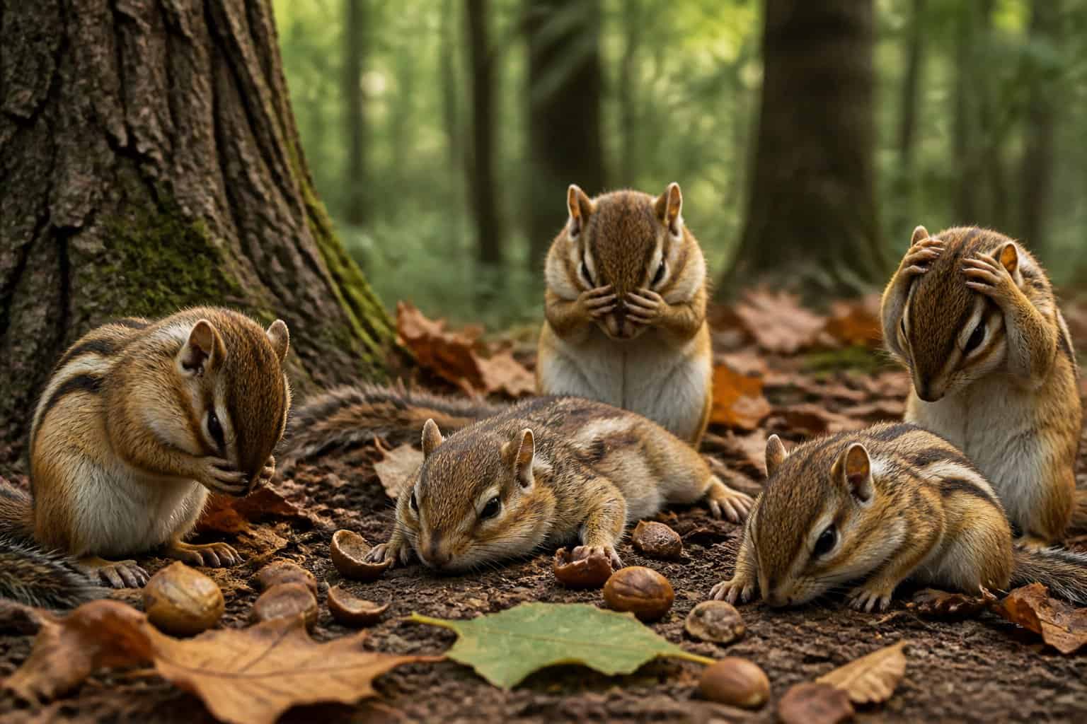 A group of chipmunks in a forest looking tired and sad among fallen leaves and scattered nuts.