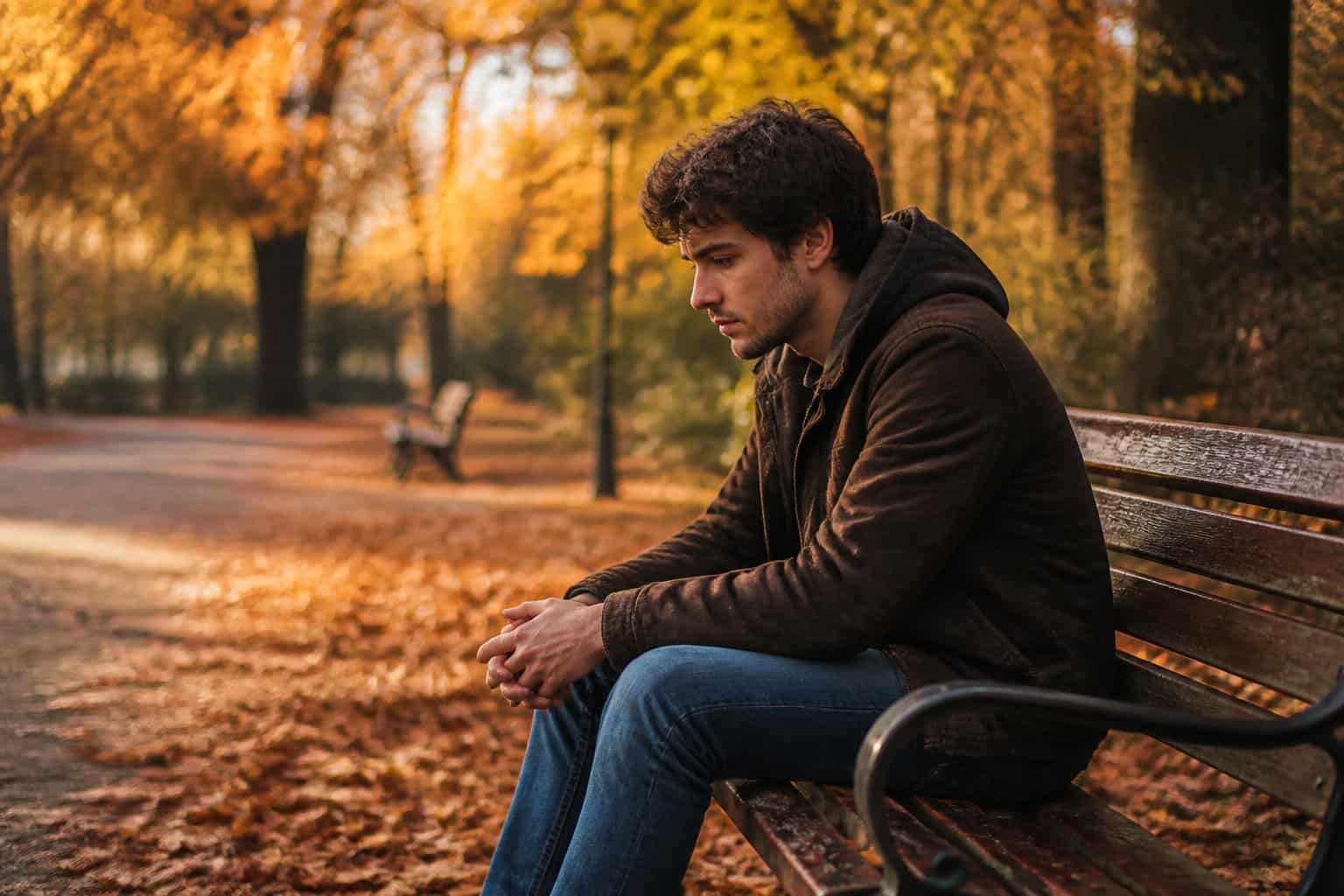 A young adult sitting alone on a park bench surrounded by fallen autumn leaves, looking thoughtful and sad.