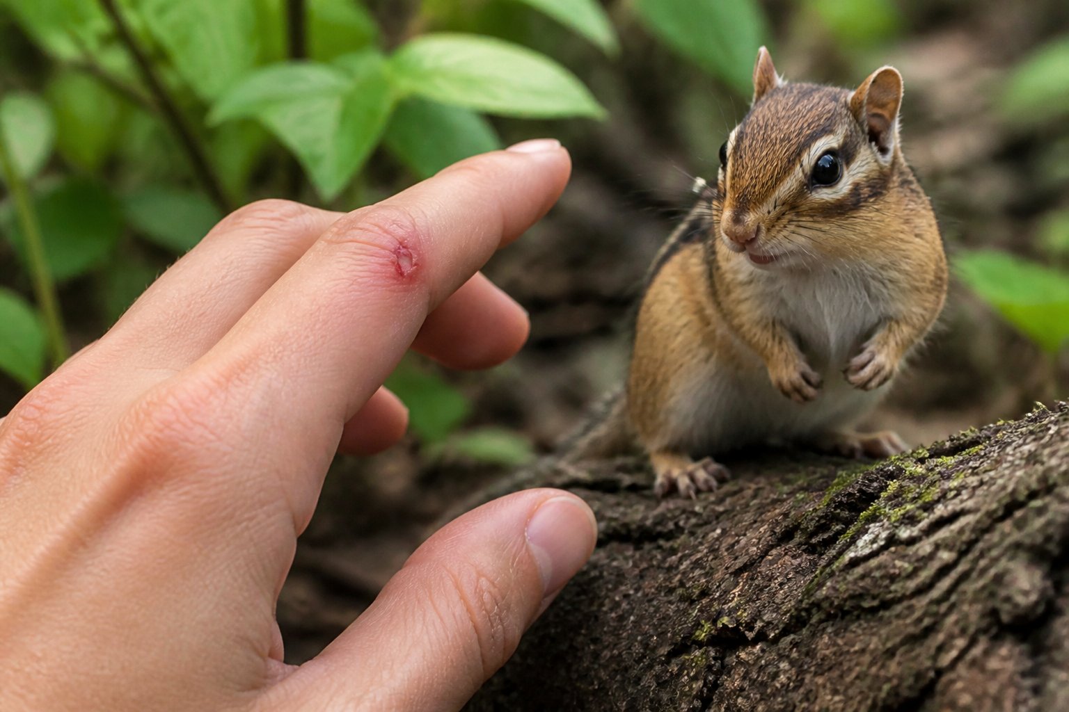 A close-up of a human finger with a small bite wound and a chipmunk nearby outdoors.