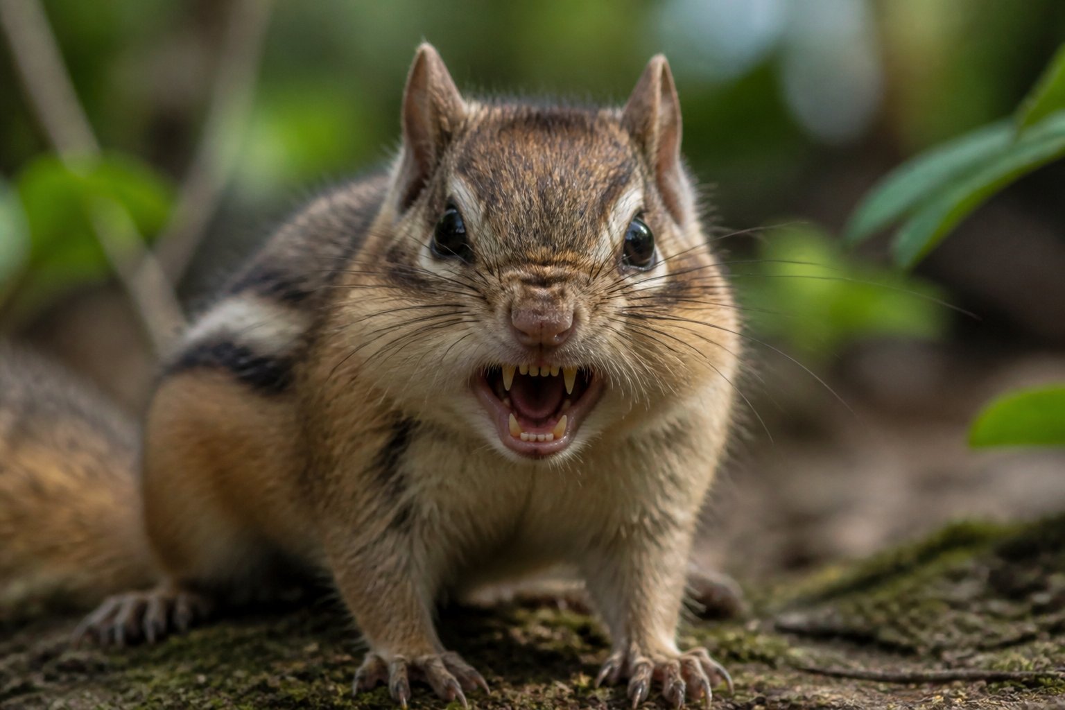 A wild chipmunk in a forest showing aggressive behavior with bared teeth and wide eyes.