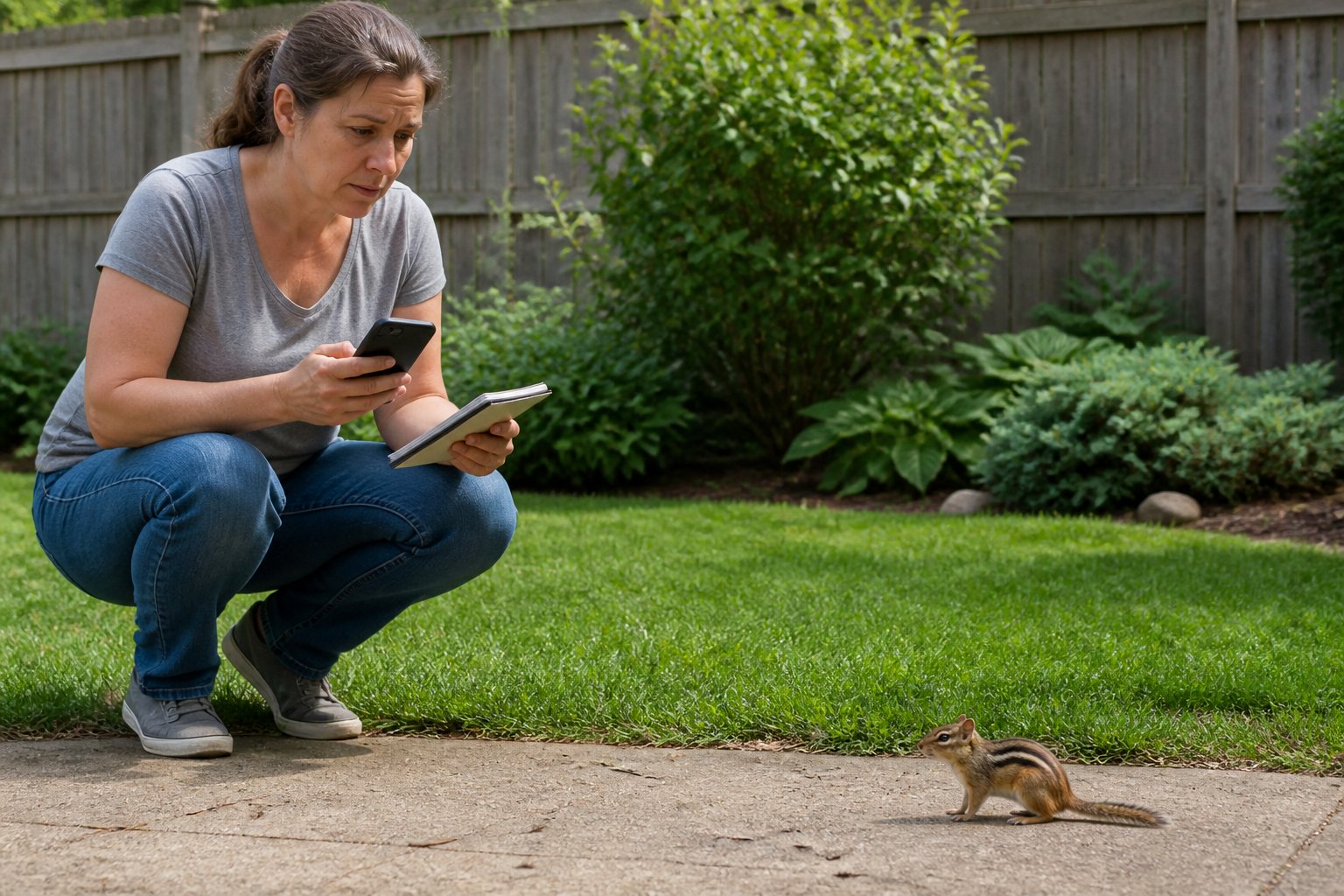 A person outdoors in a backyard looking at a chipmunk on the ground.