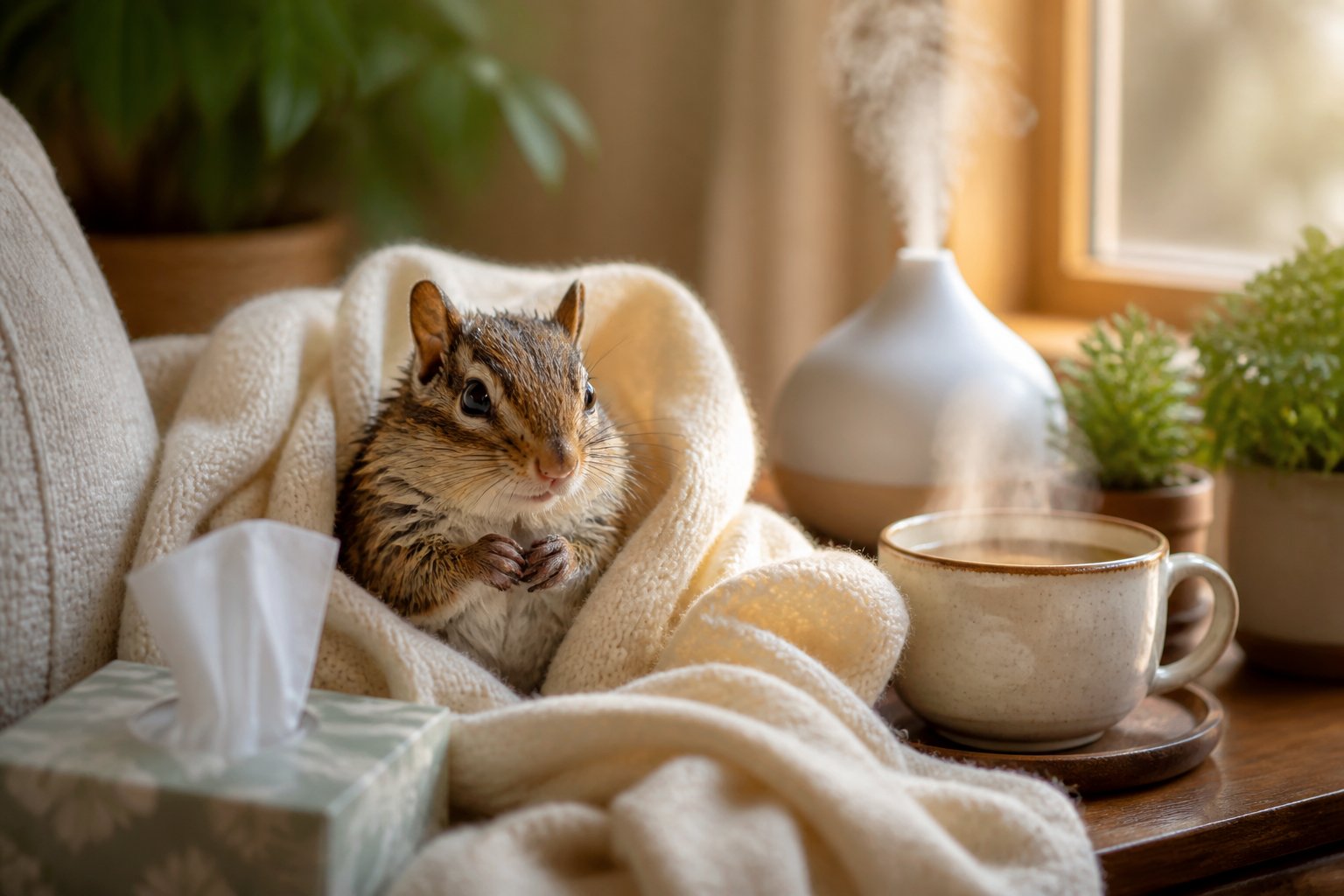 A small chipmunk sitting on a blanket indoors, looking slightly unwell with a tissue box and a steaming cup nearby.