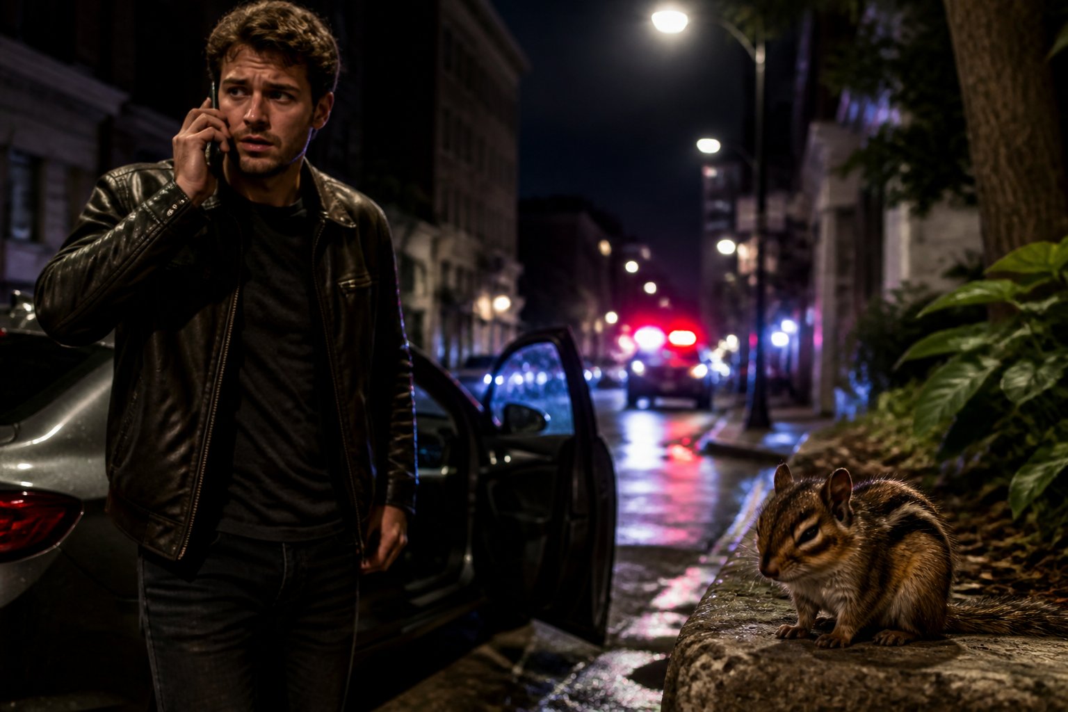 A young man talks urgently on a phone near a parked car at night while a small sick chipmunk sits nearby on the curb.