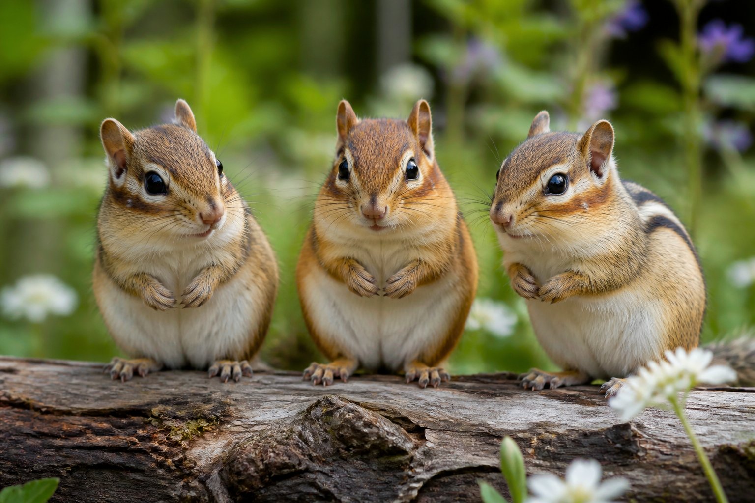 Three chipmunks sitting side by side on a log in a forest, each with different facial features and fur patterns.