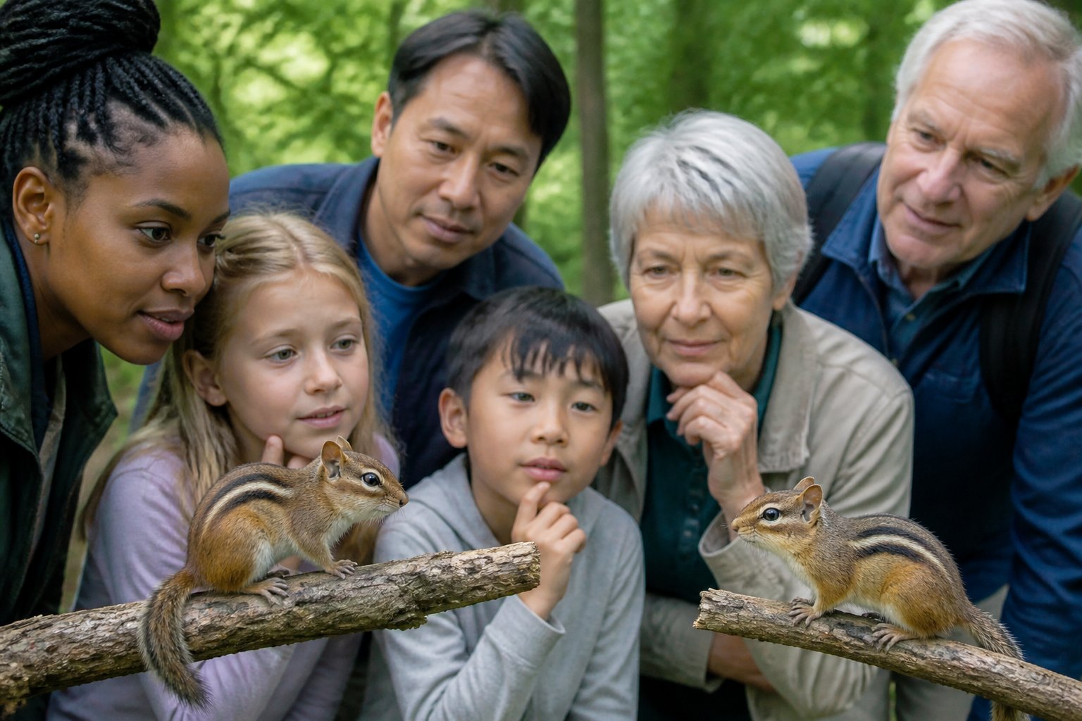 People outdoors observing and comparing two chipmunks on tree branches.