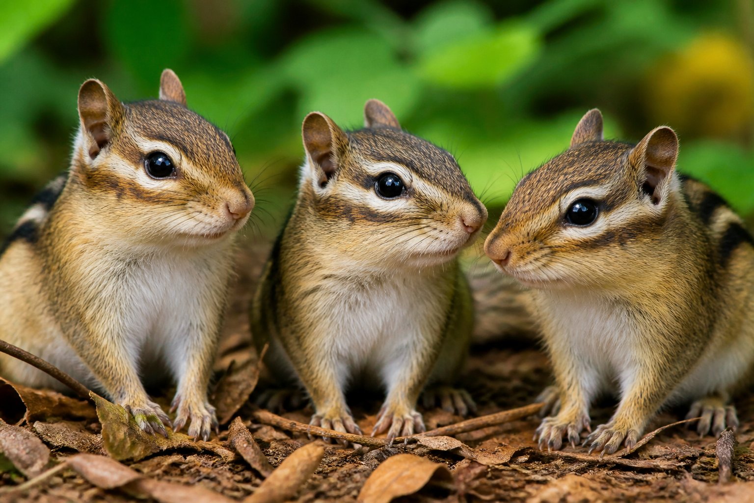Three chipmunks sitting on a forest floor with leaves, showing their heads and faces clearly.