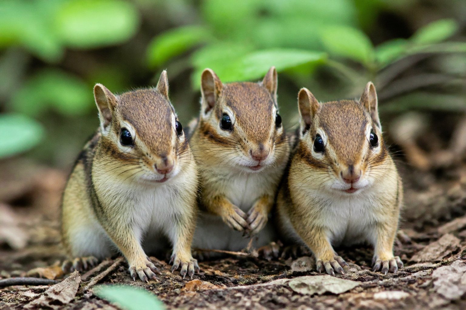 Three chipmunks sitting closely together on a forest floor with leaves and green foliage in the background.
