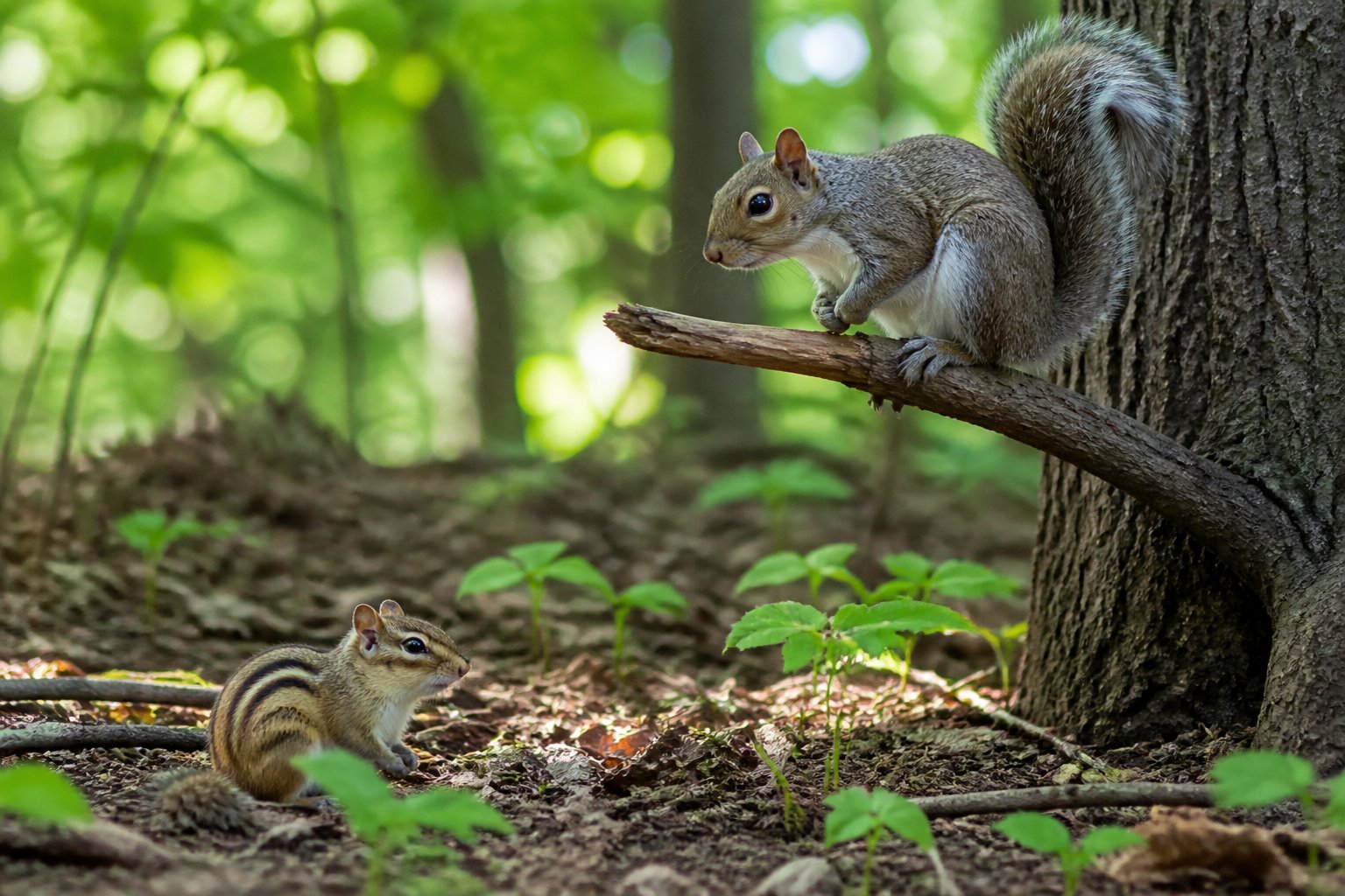 A chipmunk on the forest floor and a squirrel on a tree branch in a natural outdoor setting.