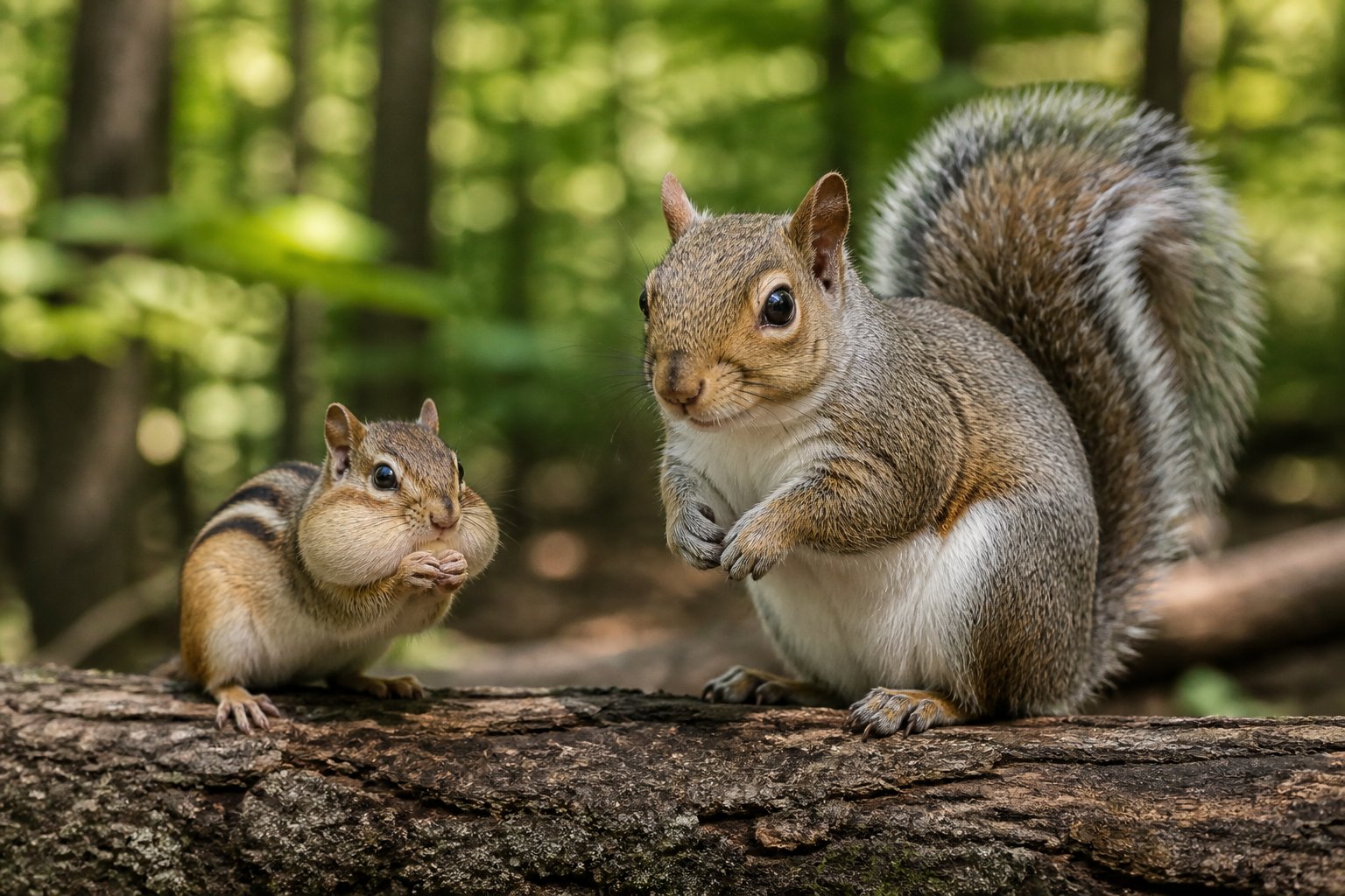 A chipmunk and a squirrel sitting side by side on a tree branch in a forest.