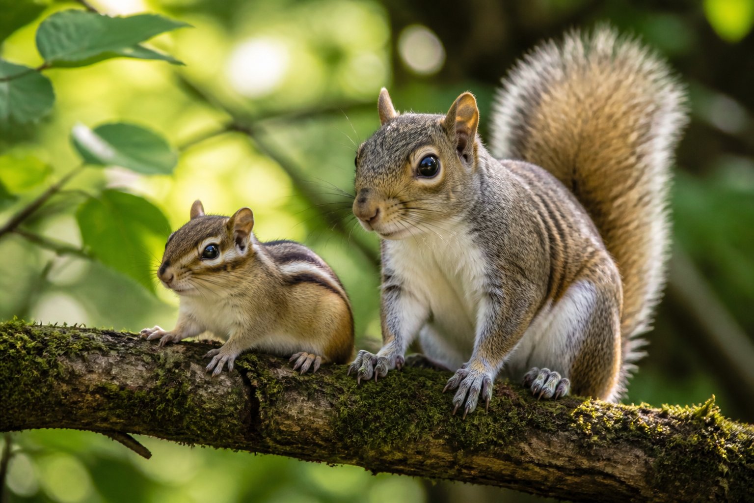 A chipmunk and a squirrel sitting close together on a tree branch in a forest.