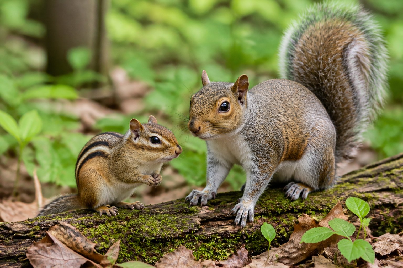 A chipmunk and a squirrel sitting close together in a forest setting, showing their size and markings.