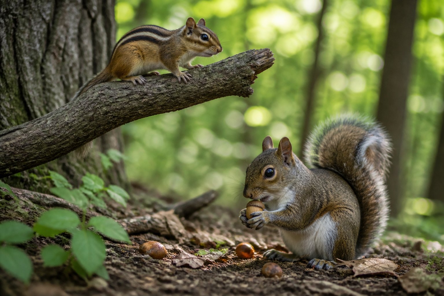 A chipmunk on a tree branch and a squirrel on the ground holding an acorn in a forest setting.