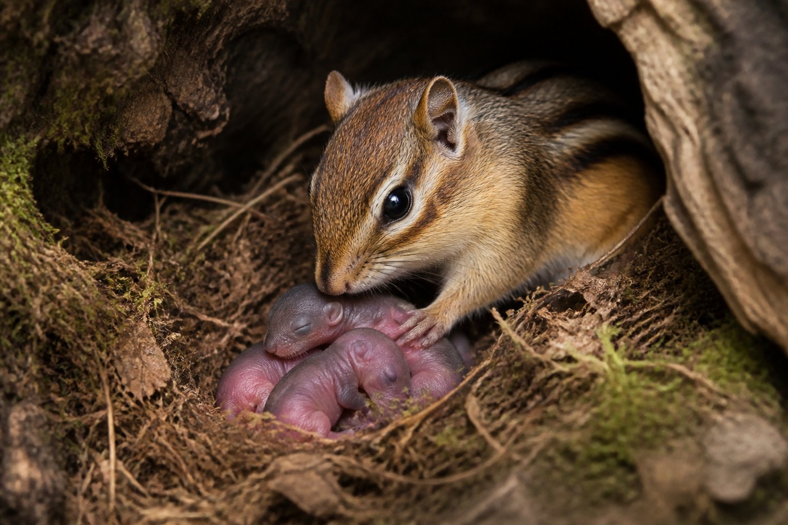 A mother chipmunk caring for her newborn babies in a leafy nest inside a hollow tree in a forest.