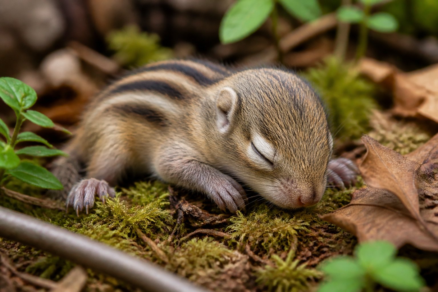 A newborn chipmunk lying on moss and leaves in a forest setting.