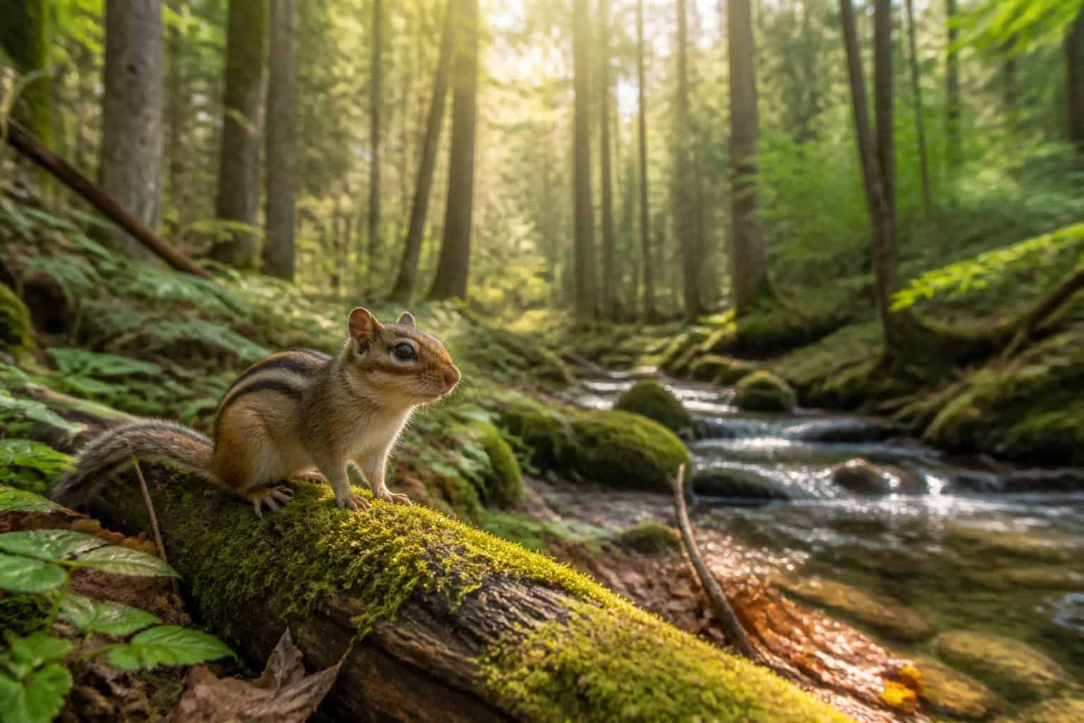 A chipmunk sitting on a mossy log in a sunlit forest near a small stream.
